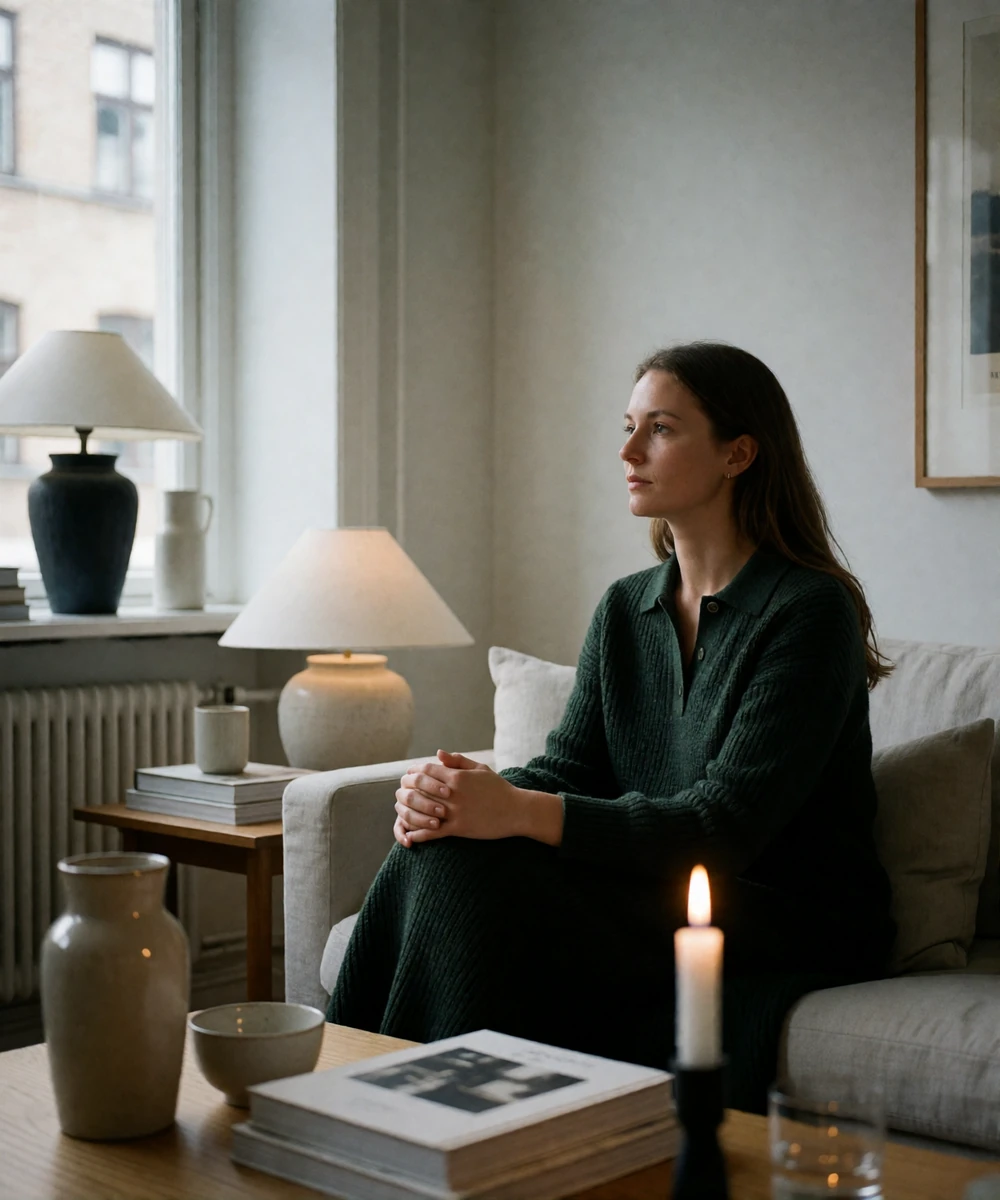 Danish woman in a dark green knit dress sitting comfortably in a warmly lit Copenhagen living room during a date