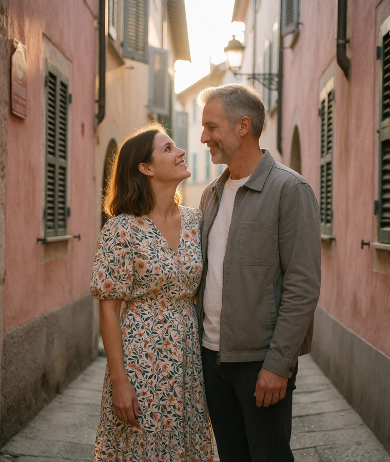 Smiling couple in their forties embracing on an old town street in soft evening light