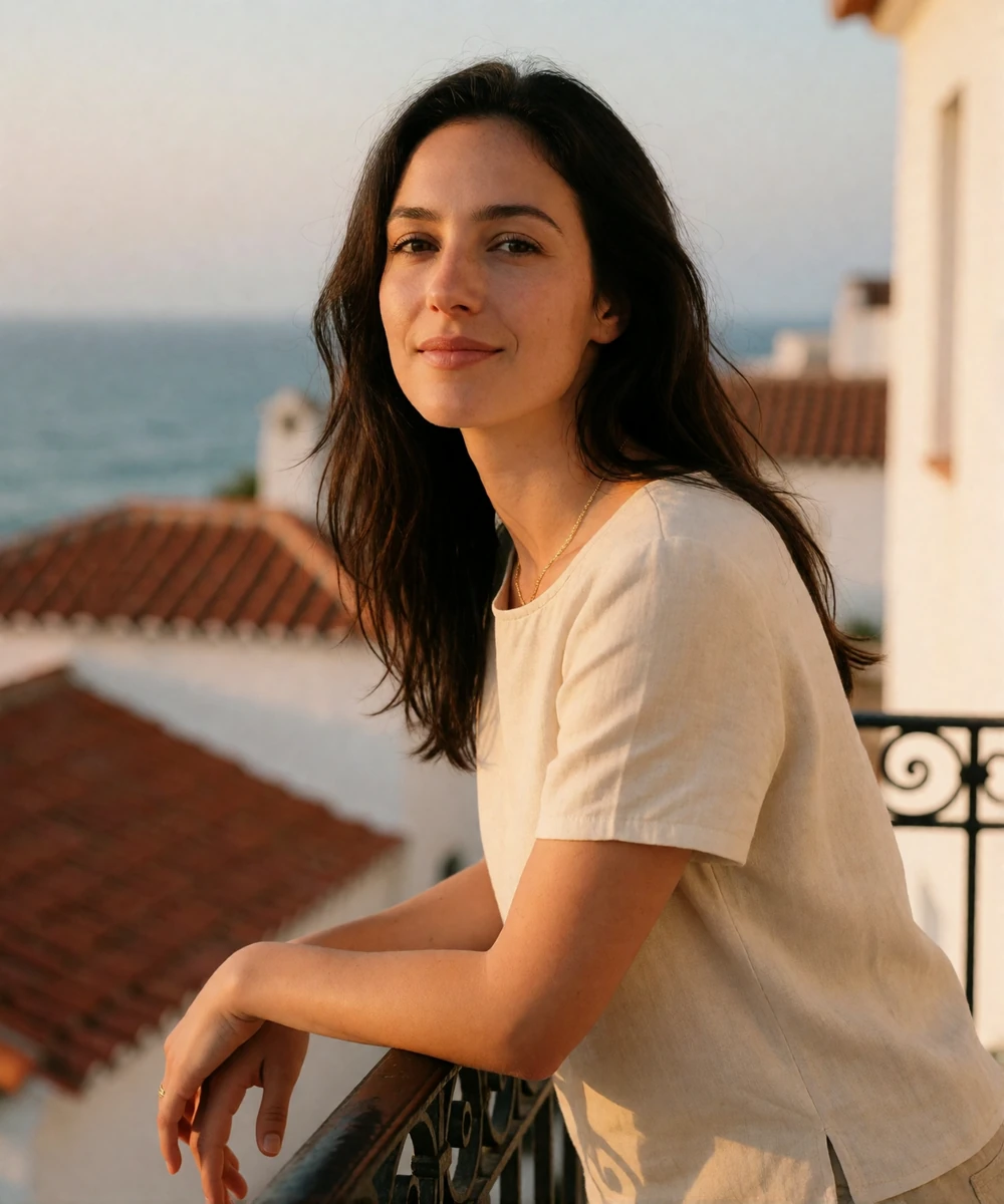 Portuguese woman leaning on a wrought-iron balcony rail with terracotta rooftops and the ocean visible behind her at dusk
