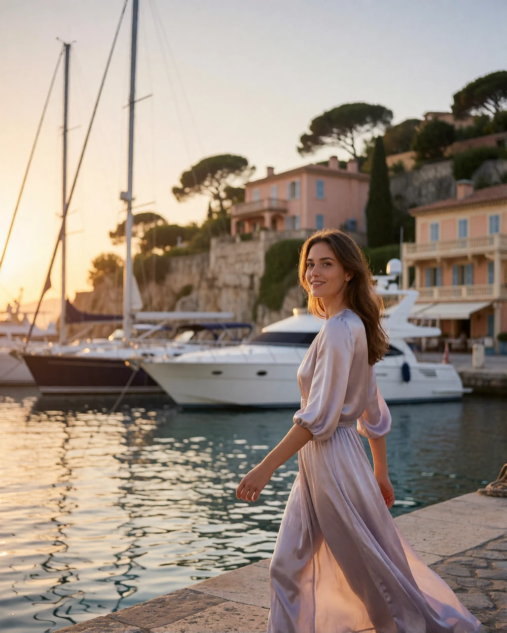 Woman in a flowing pale dress walking along a Riviera harbour promenade at sunset with moored yachts behind her