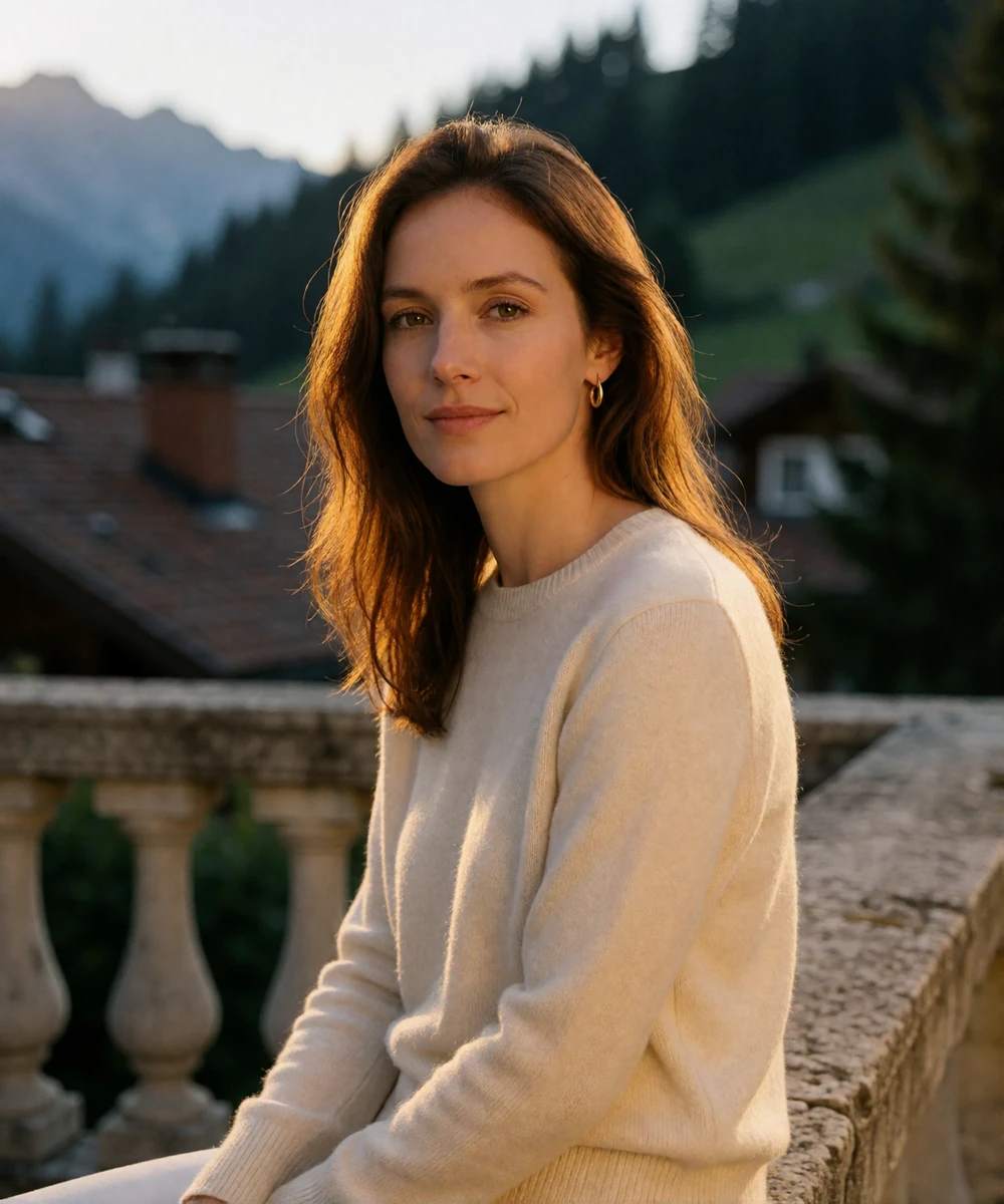Woman in an ivory knit sweater sitting on a stone terrace with Alpine rooftops and pine hillsides in the background