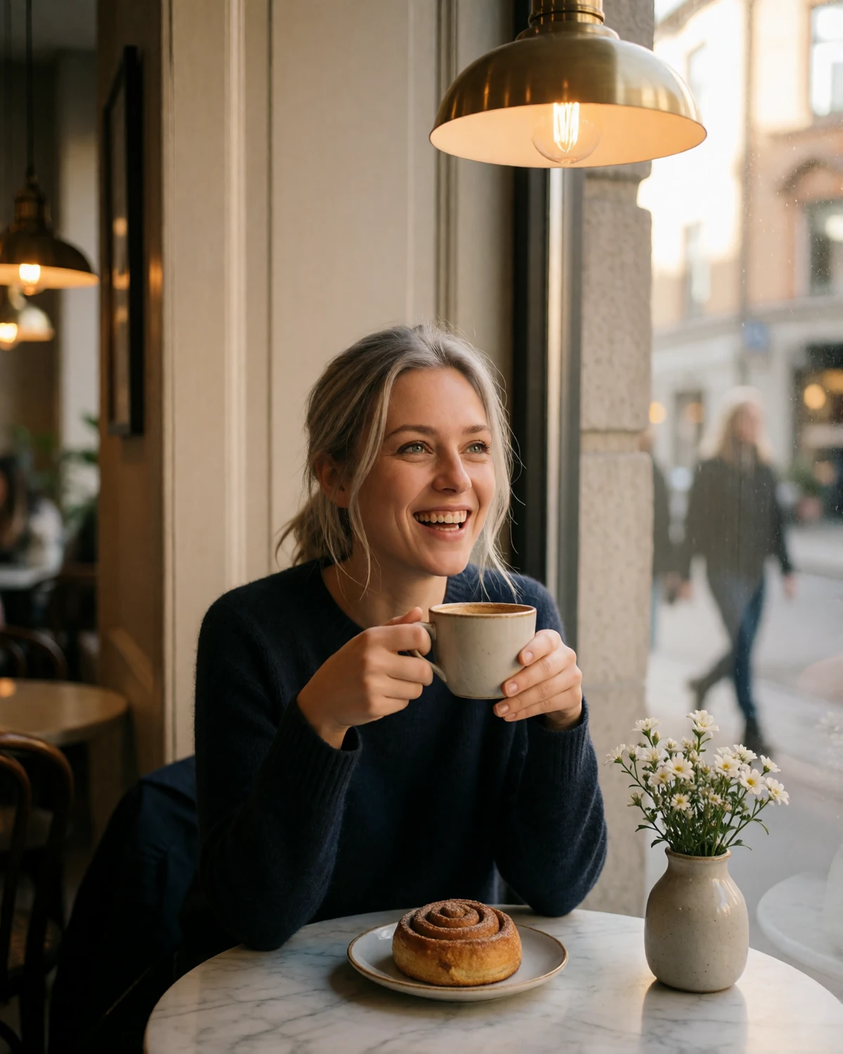 Swedish woman laughing over coffee and a cinnamon bun at a café table during a fika-style first date