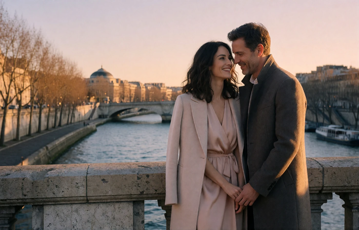 Couple in their late thirties smiling together on a stone bridge over the Seine in Paris at golden hour