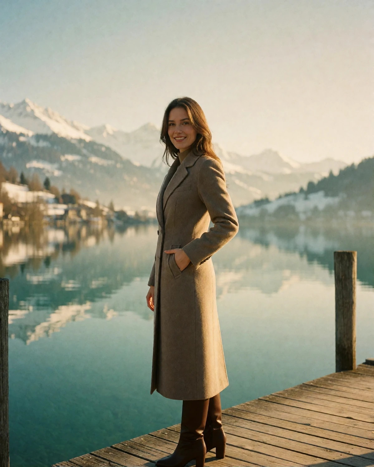 Swiss woman in a taupe wool coat standing on a lakeside jetty in the Bernese Oberland at golden hour