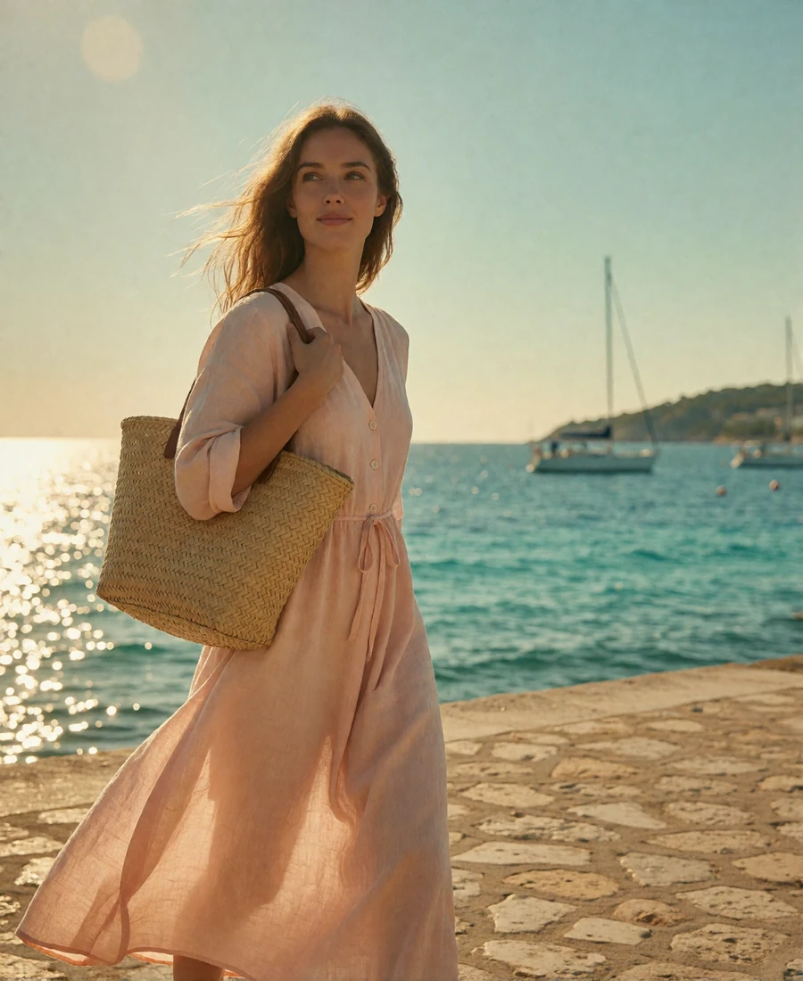 French woman in a pale linen dress walking along a stone seafront promenade on the Côte d'Azur