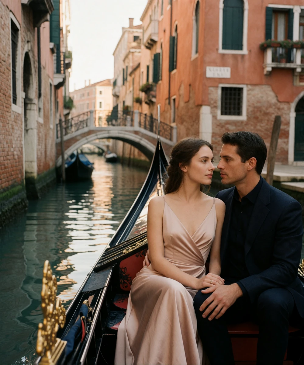 Couple sharing a quiet evening gondola ride along a narrow Venetian canal toward a small bridge