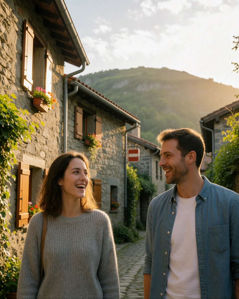 Woman in a grey knit sweater walking and laughing along a cobbled lane in a Pyrenean village