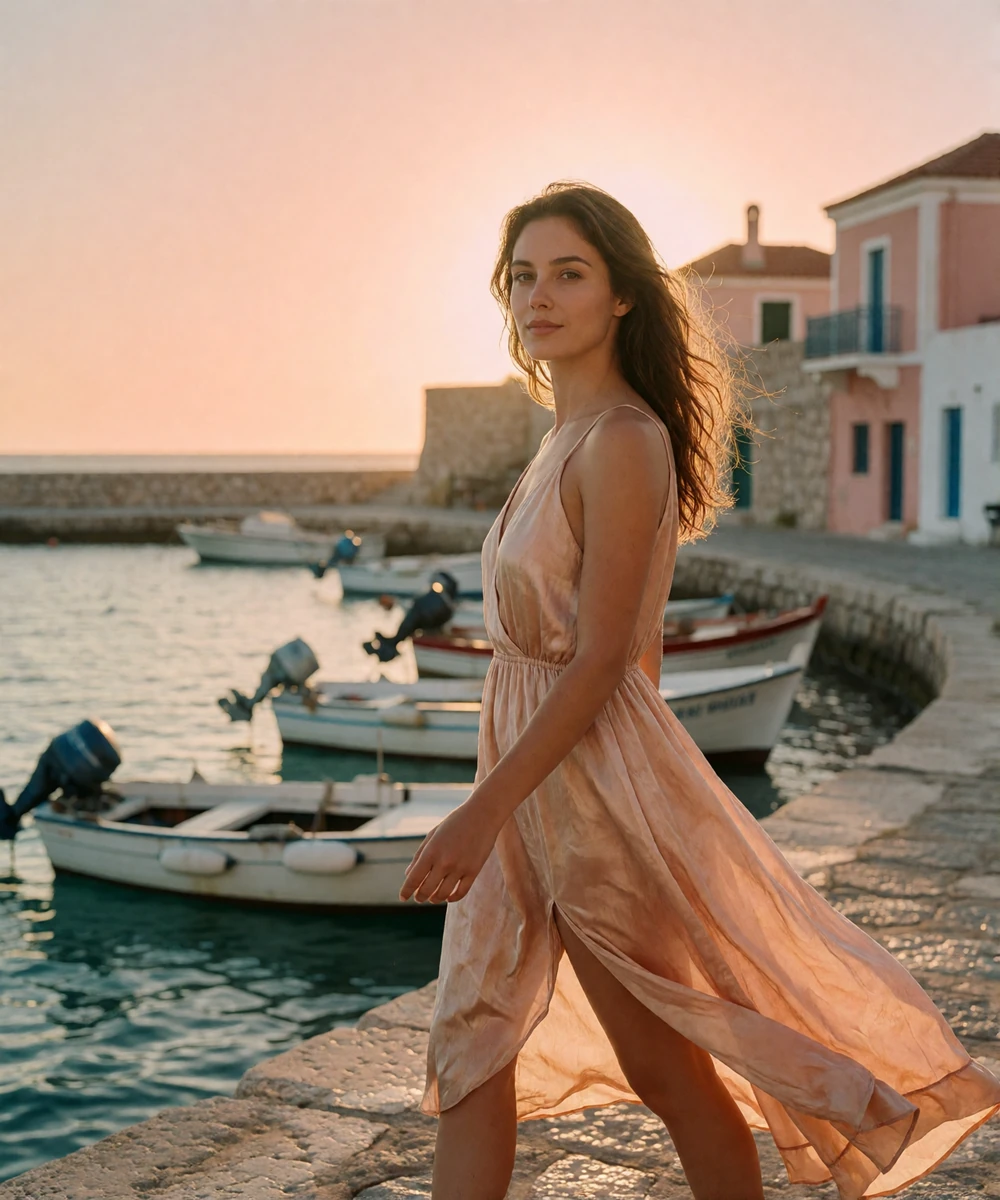 Greek woman in a terracotta summer dress walking along a stone seaside promenade at sunset