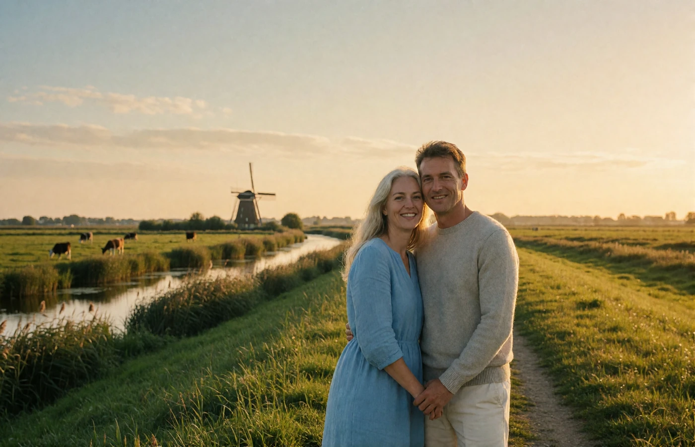 Couple standing together on a grassy dyke path in the Dutch polder countryside near a windmill at golden hour