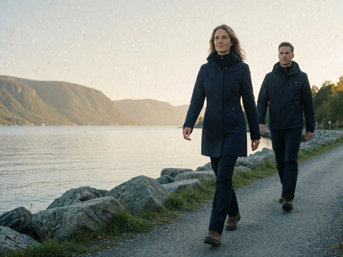 Norwegian woman in a navy outdoor coat walking a waterfront trail beside a man on a fjord date