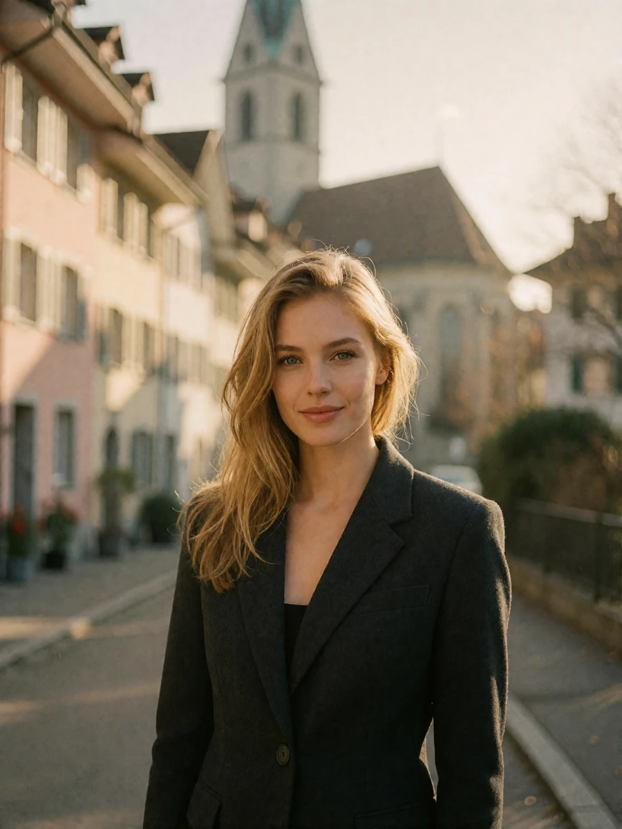 Swiss woman in a charcoal blazer smiling in a Zurich old-town lane at golden hour
