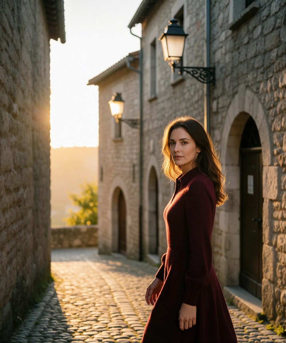 Elegant woman in a burgundy dress glancing back on a narrow cobbled street in a medieval hilltop town