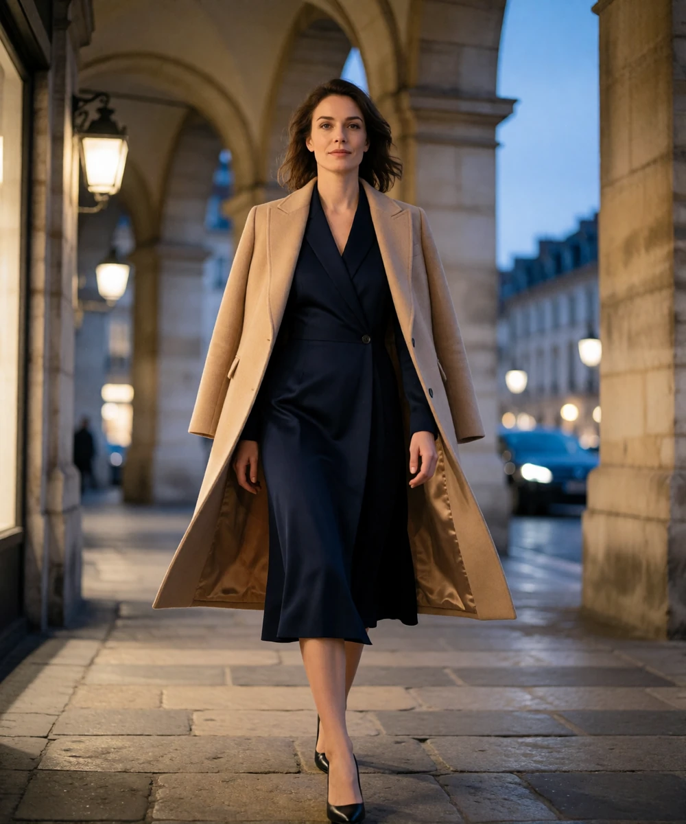 Elegant European woman in a tailored navy midi dress and camel coat walking toward an evening first date