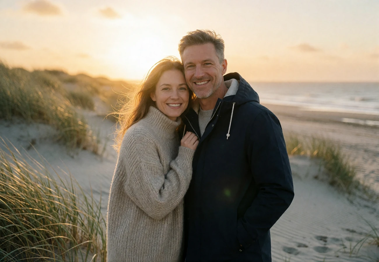 Couple in their late thirties smiling together on a windswept Nordic beach at golden hour