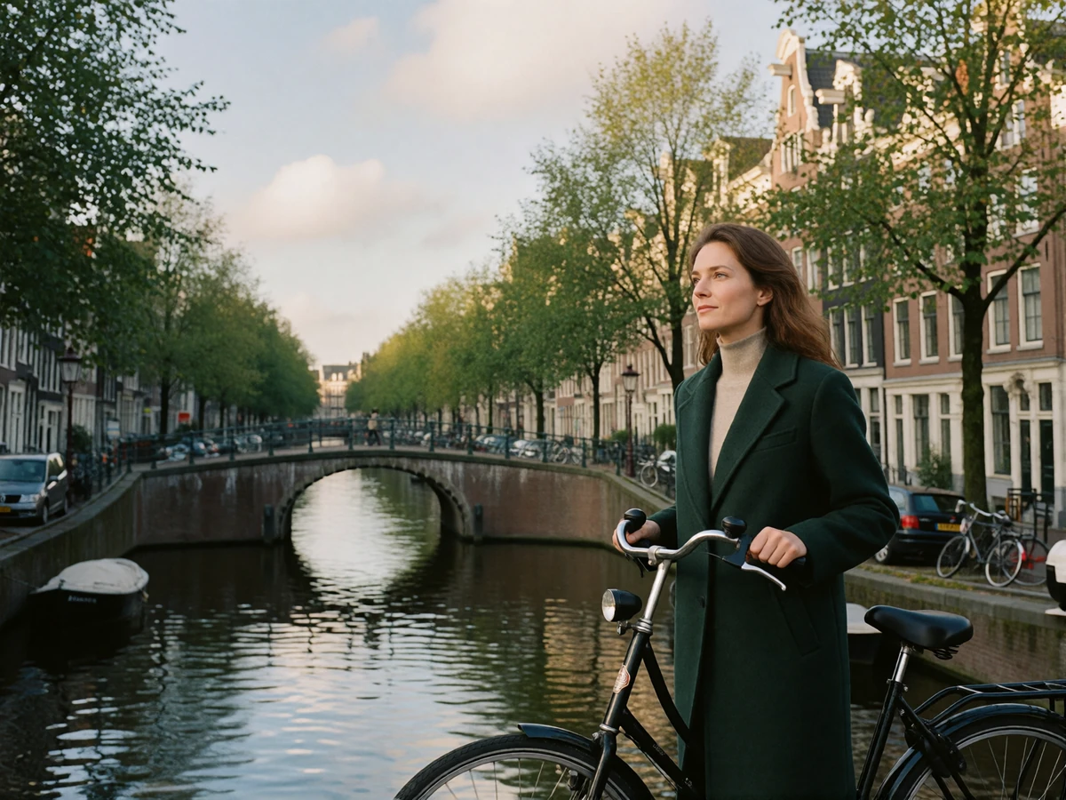 Dutch woman in a dark green coat pausing beside an Amsterdam canal with a bicycle and arched bridge nearby