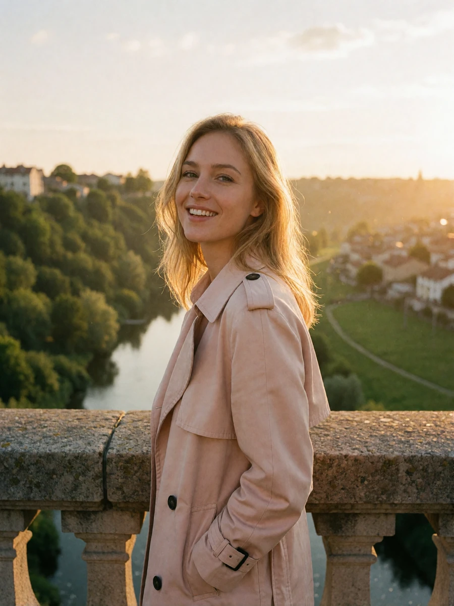 Blonde woman in a blush trench coat smiling near a stone viaduct above the Luxembourg valley at sunset