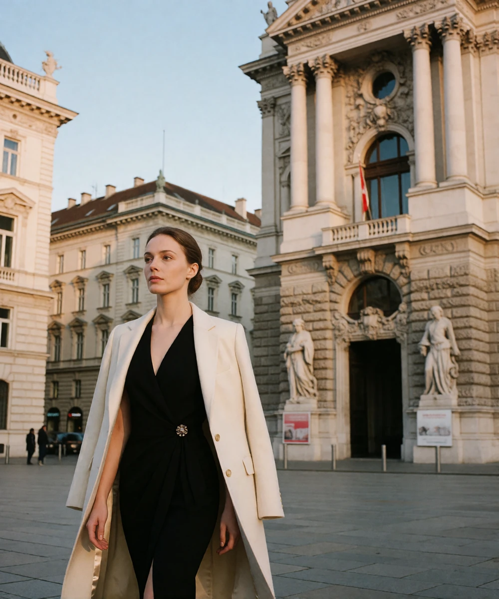 Austrian woman in a black evening dress walking across a grand Vienna square before a concert