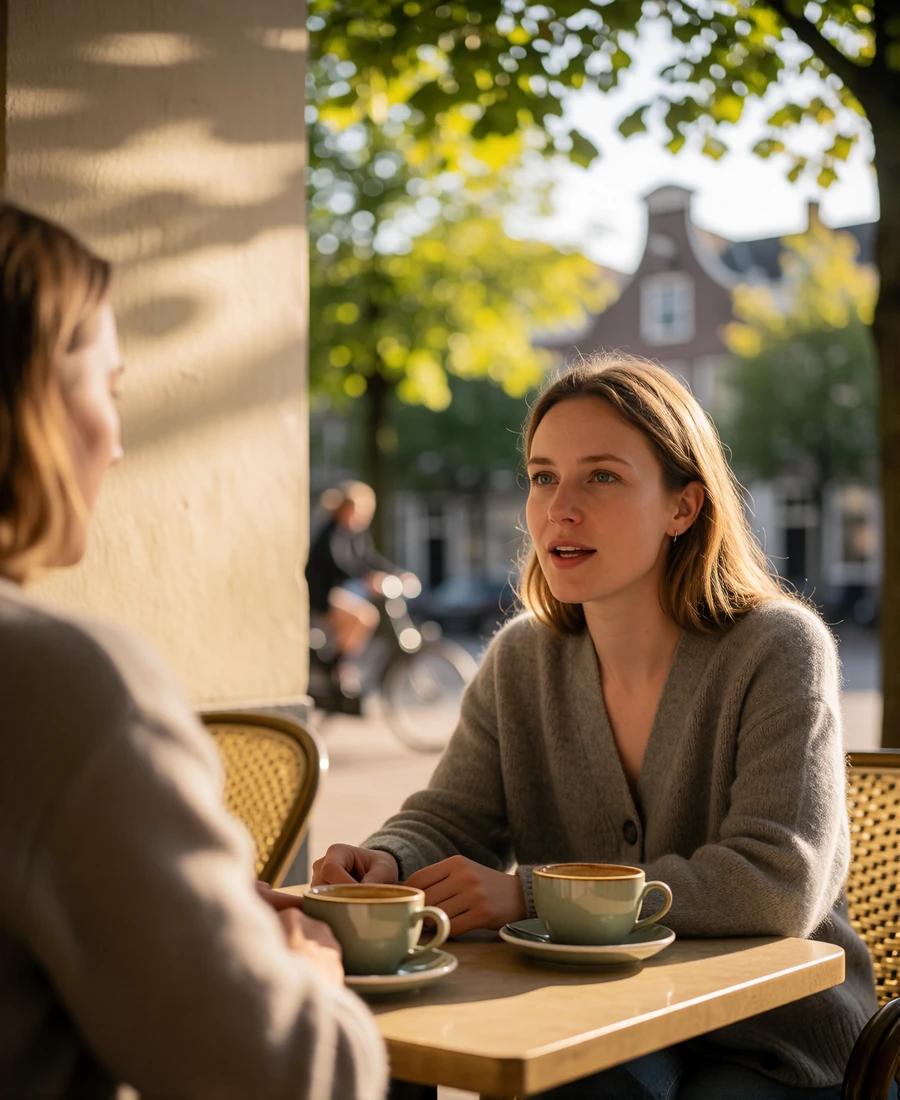 Woman in a grey cardigan in animated honest conversation at an outdoor café table in the Netherlands