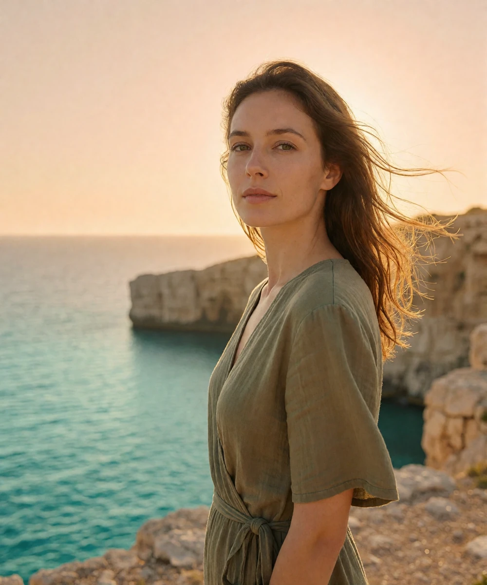 Cypriot woman standing at a clifftop coastal viewpoint above the turquoise Mediterranean Sea