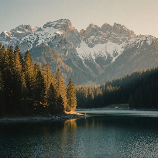 Bavarian alpine village in warm evening light beneath snow-dusted peaks
