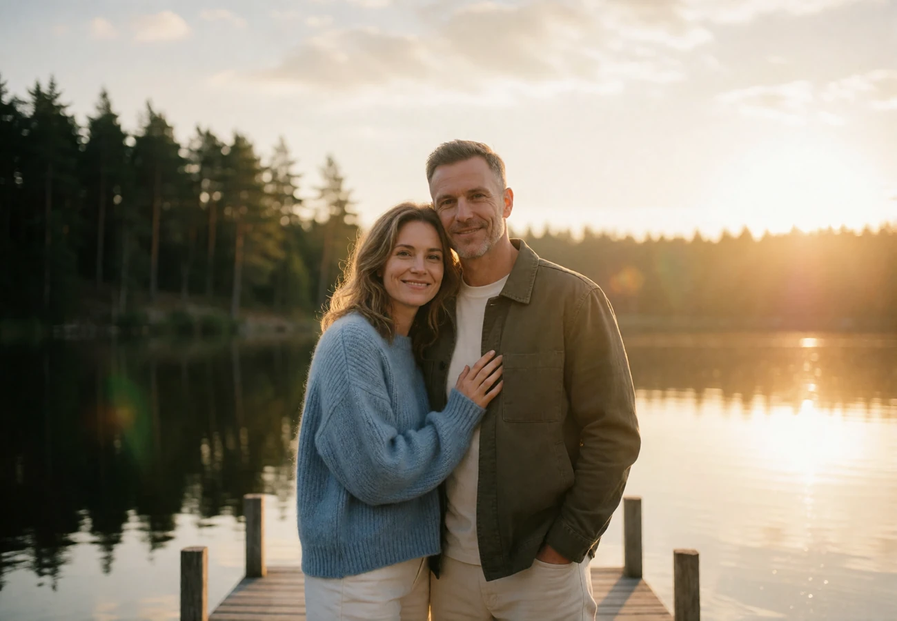 Smiling couple standing together on a wooden lakeside dock at golden hour in the Nordic countryside