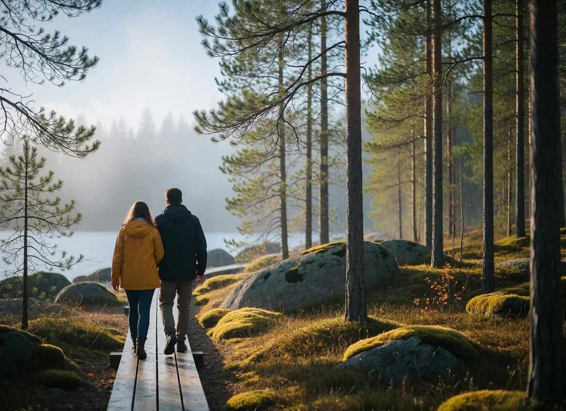 Couple walking a narrow boardwalk through a misty northern pine forest near a lake