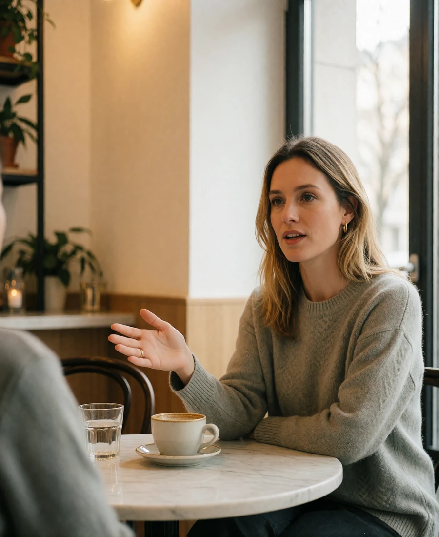 German woman gesturing mid-sentence during an animated conversation at a marble café table in Berlin
