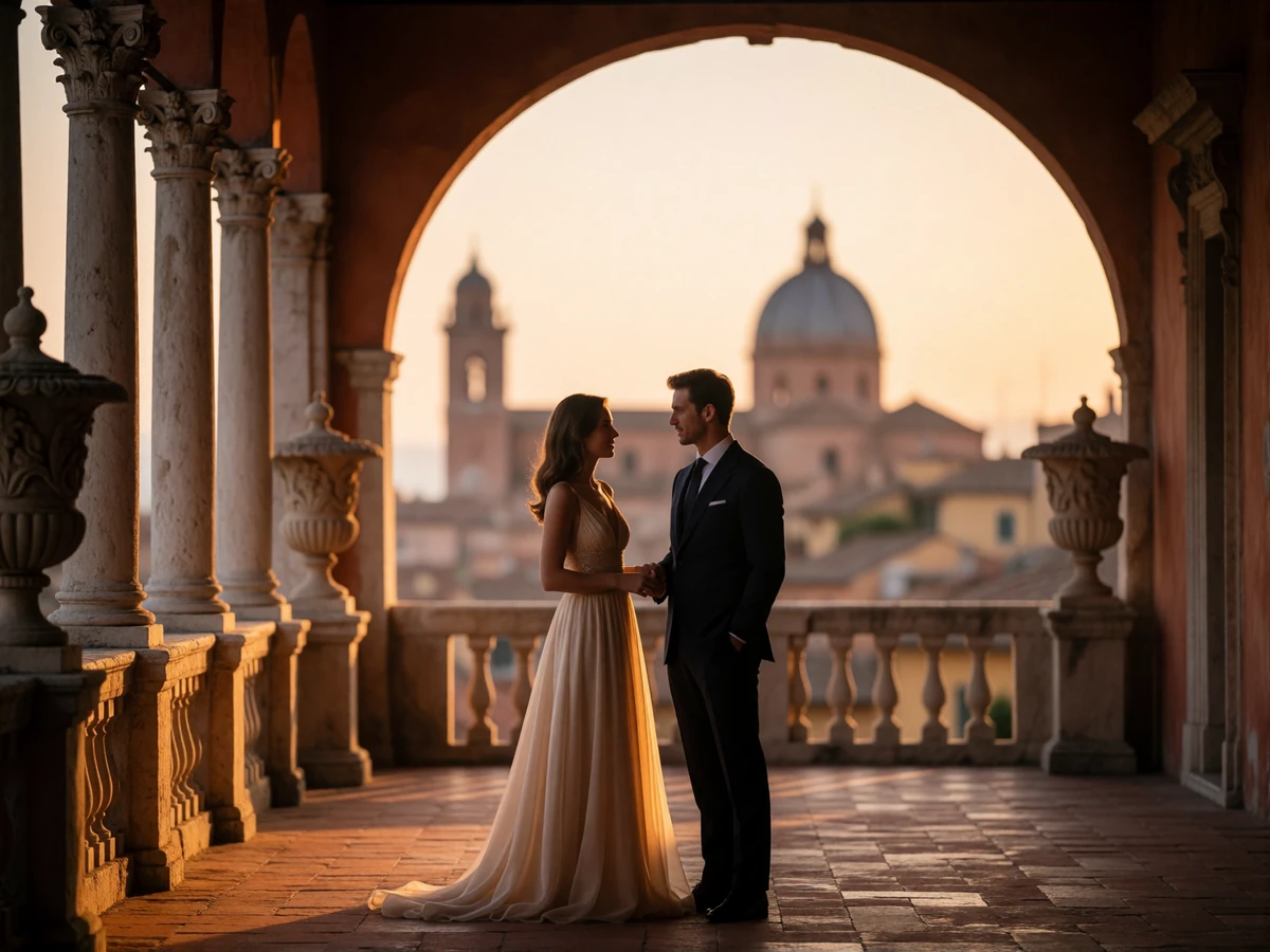 Elegantly dressed couple facing each other on a stone loggia terrace above an Italian city skyline at dusk