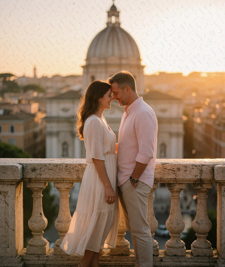 Couple in their forties laughing together on a Rome terrace at sunset