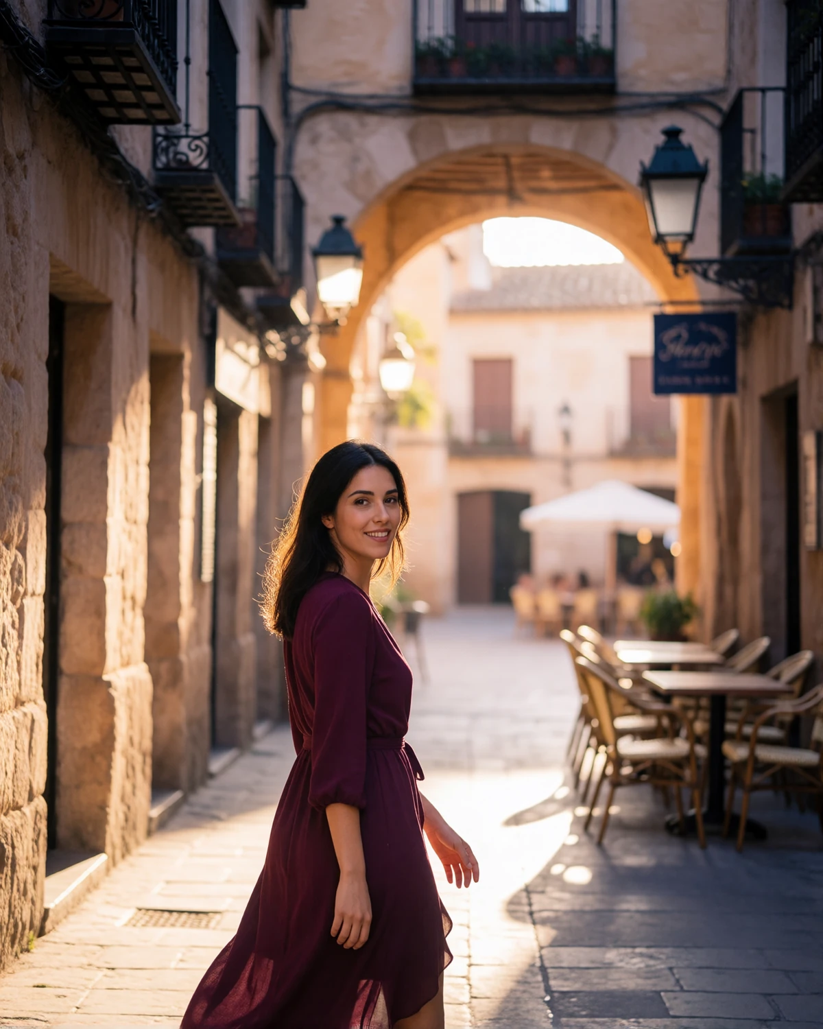 Spanish woman in a burgundy wrap dress walking through a warm stone archway at dusk