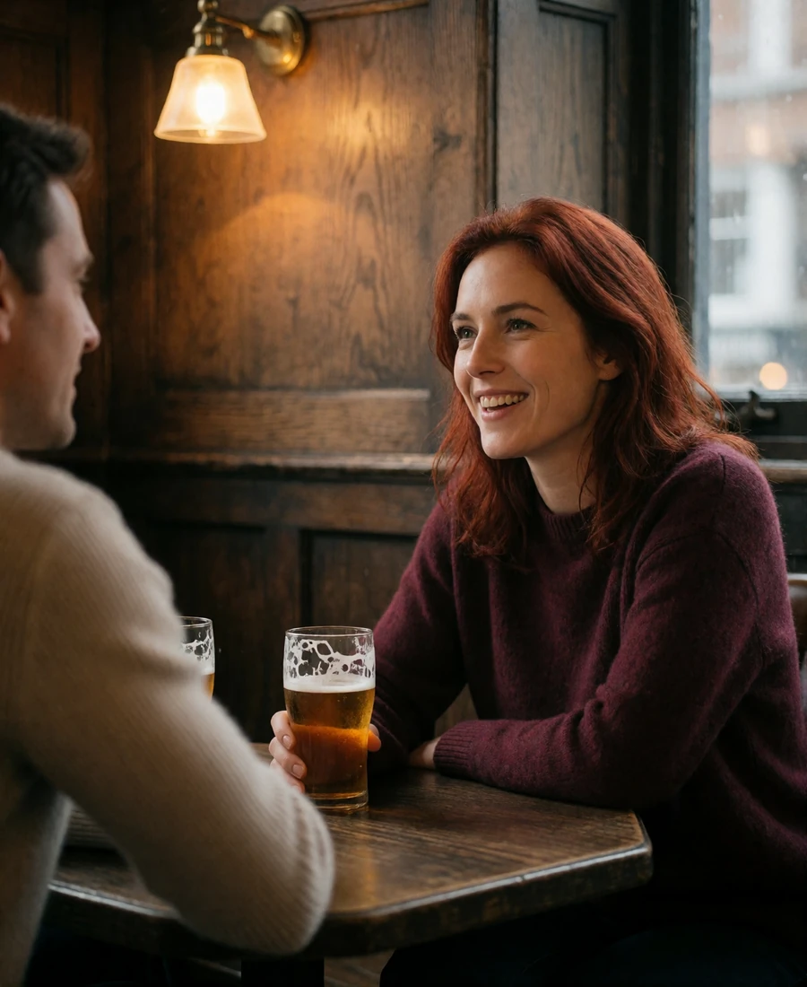Woman in a burgundy jumper laughing over a glass of ale at a wooden table in a traditional London pub