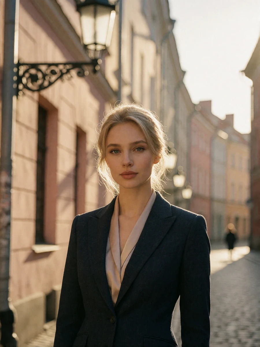 Poised Latvian woman in a charcoal blazer standing in a narrow pastel-colored lane in Riga's old town