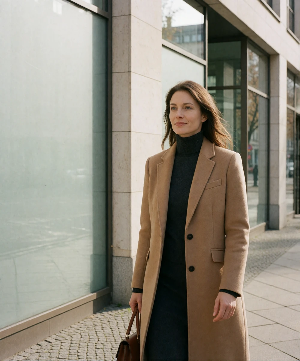 German woman in a camel coat arriving punctually at a planned meeting point on a clean Berlin street