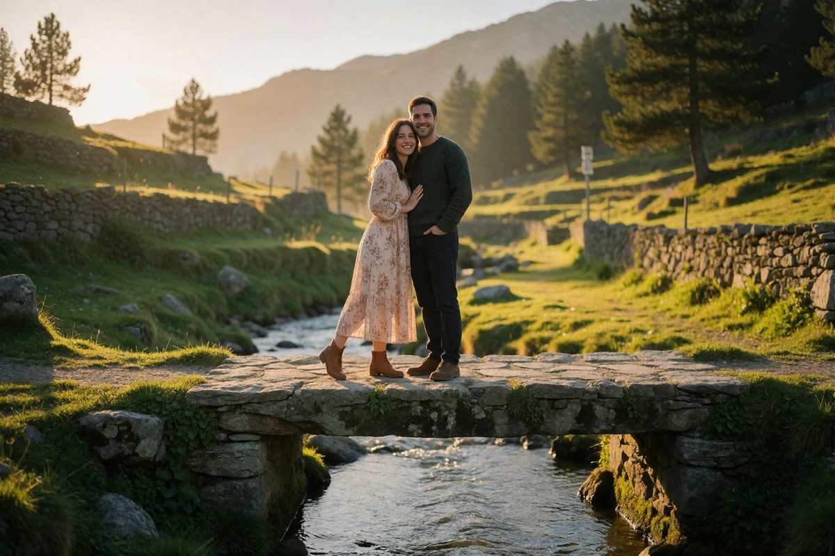 Couple smiling together on a stone footbridge over a mountain stream in the Pyrenees