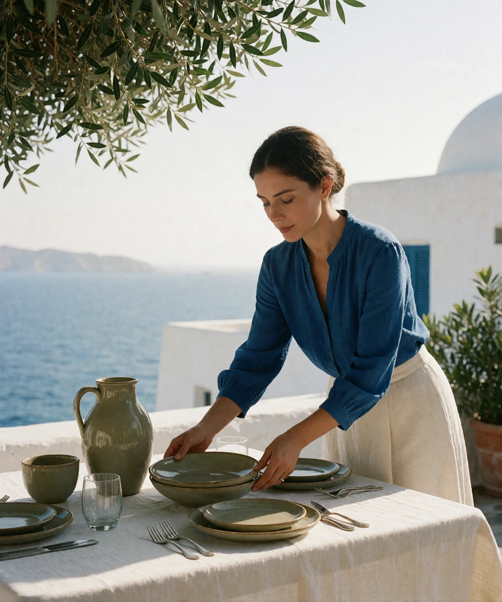 Greek woman in cobalt and ivory arranging an outdoor dining table on an island terrace