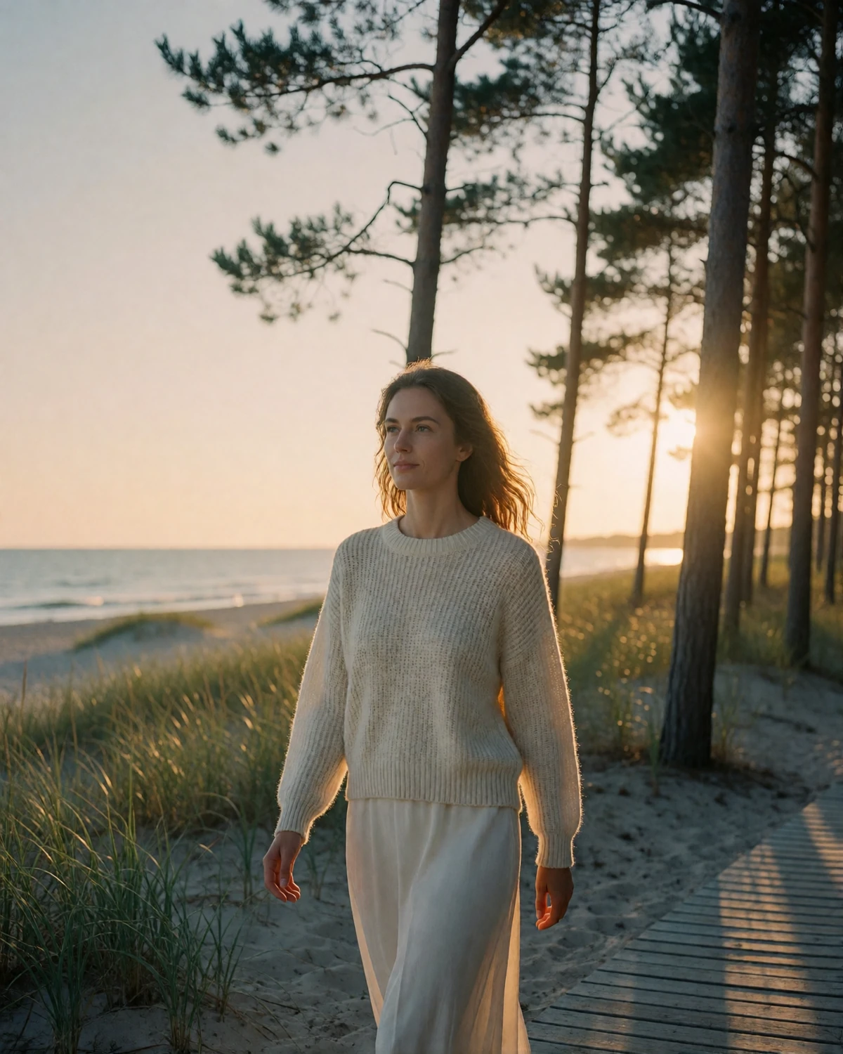 Latvian woman in a cream sweater walking along a pine-lined Baltic seaside boardwalk near Jurmala at golden hour