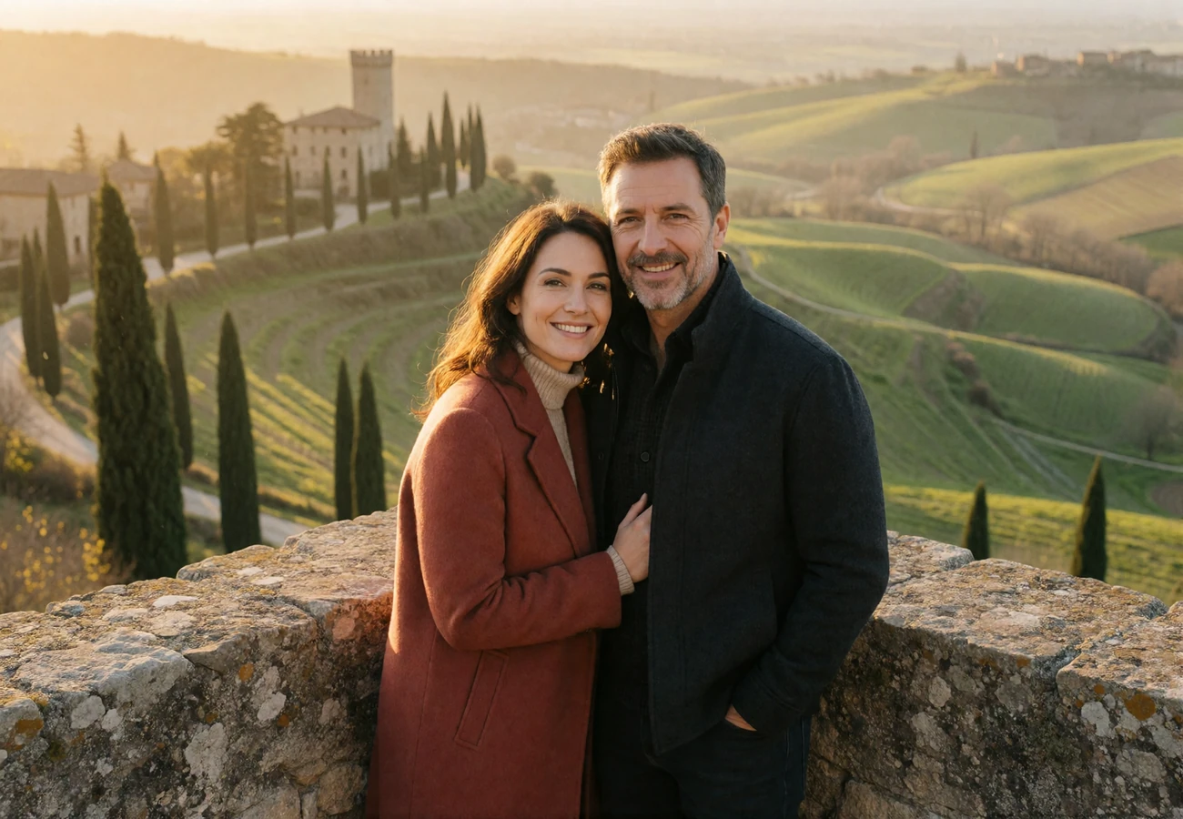 Couple in their forties smiling together at a stone parapet overlooking a green valley and distant medieval tower