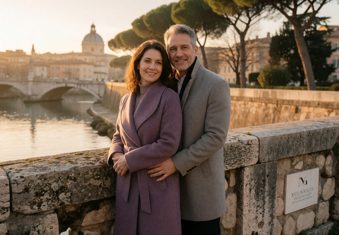Couple in their forties standing together on an old stone bridge over the Tiber at golden hour