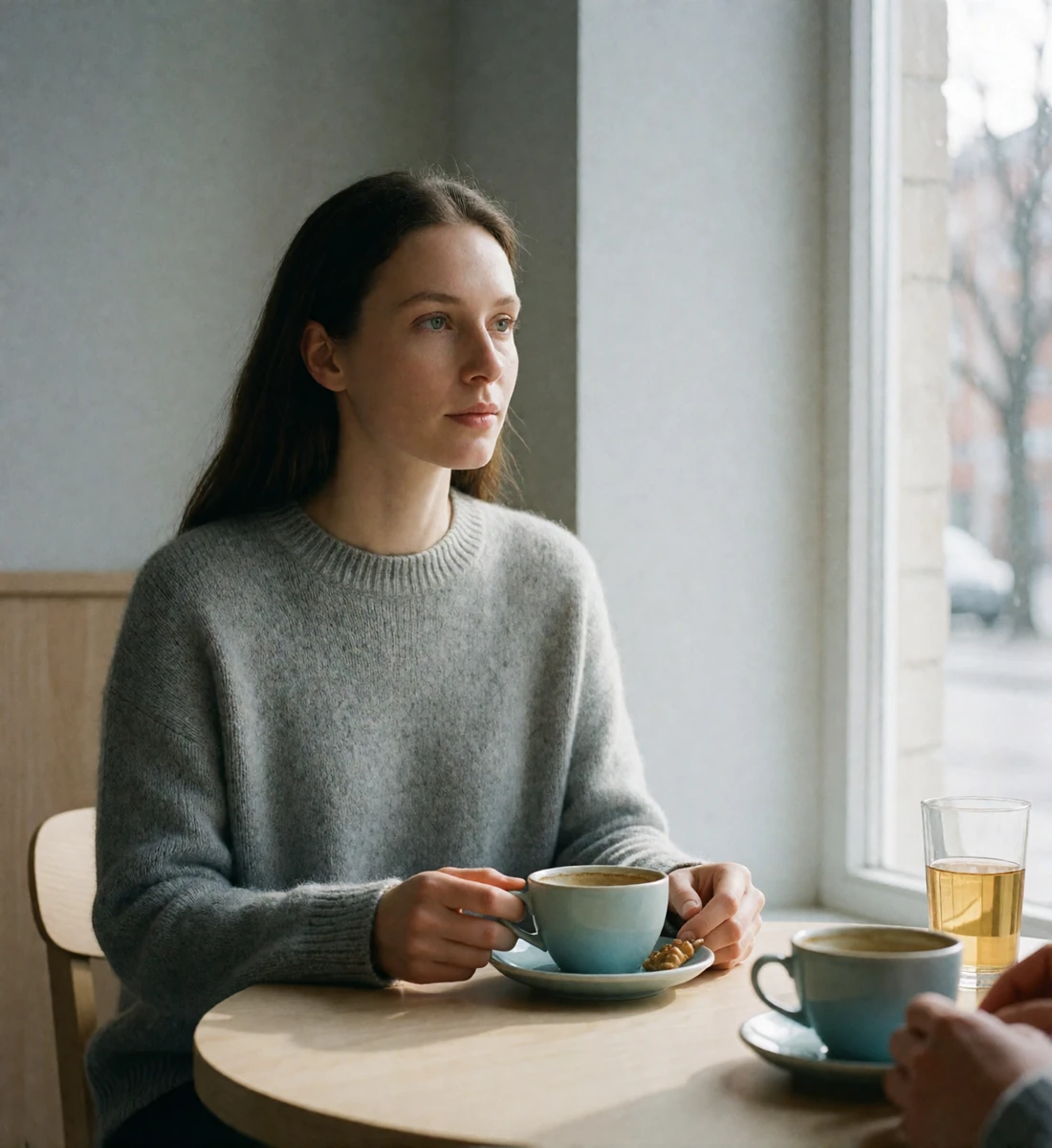 Swedish woman in a gray knit sweater sharing coffee and a pastry at a bright Stockholm café