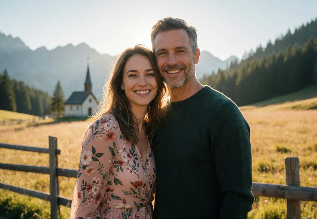 Smiling couple standing together in an Alpine meadow with a small chapel and pine ridges in the background