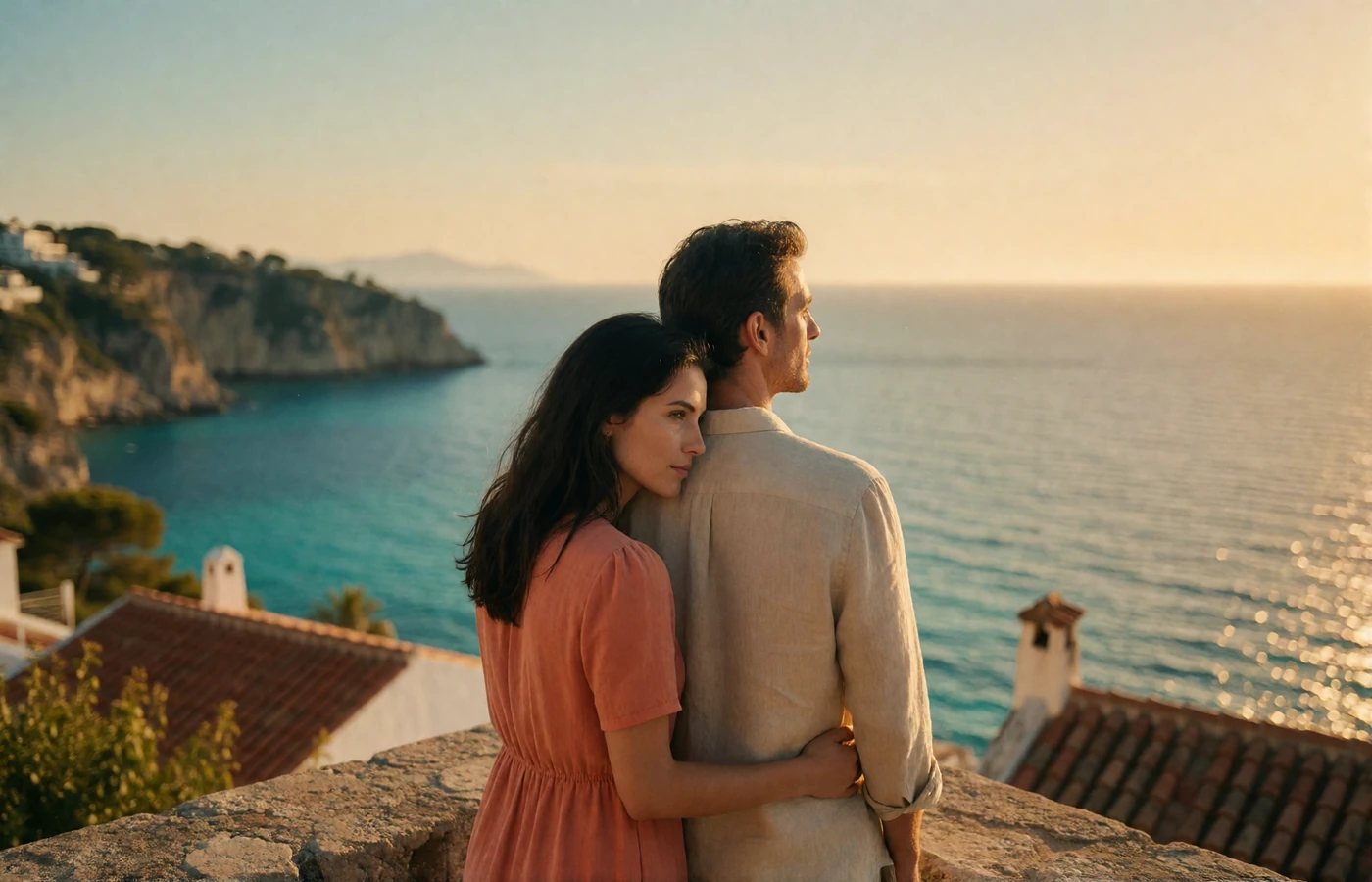 Couple embracing on a Mediterranean coastal terrace overlooking terracotta rooftops at sunset