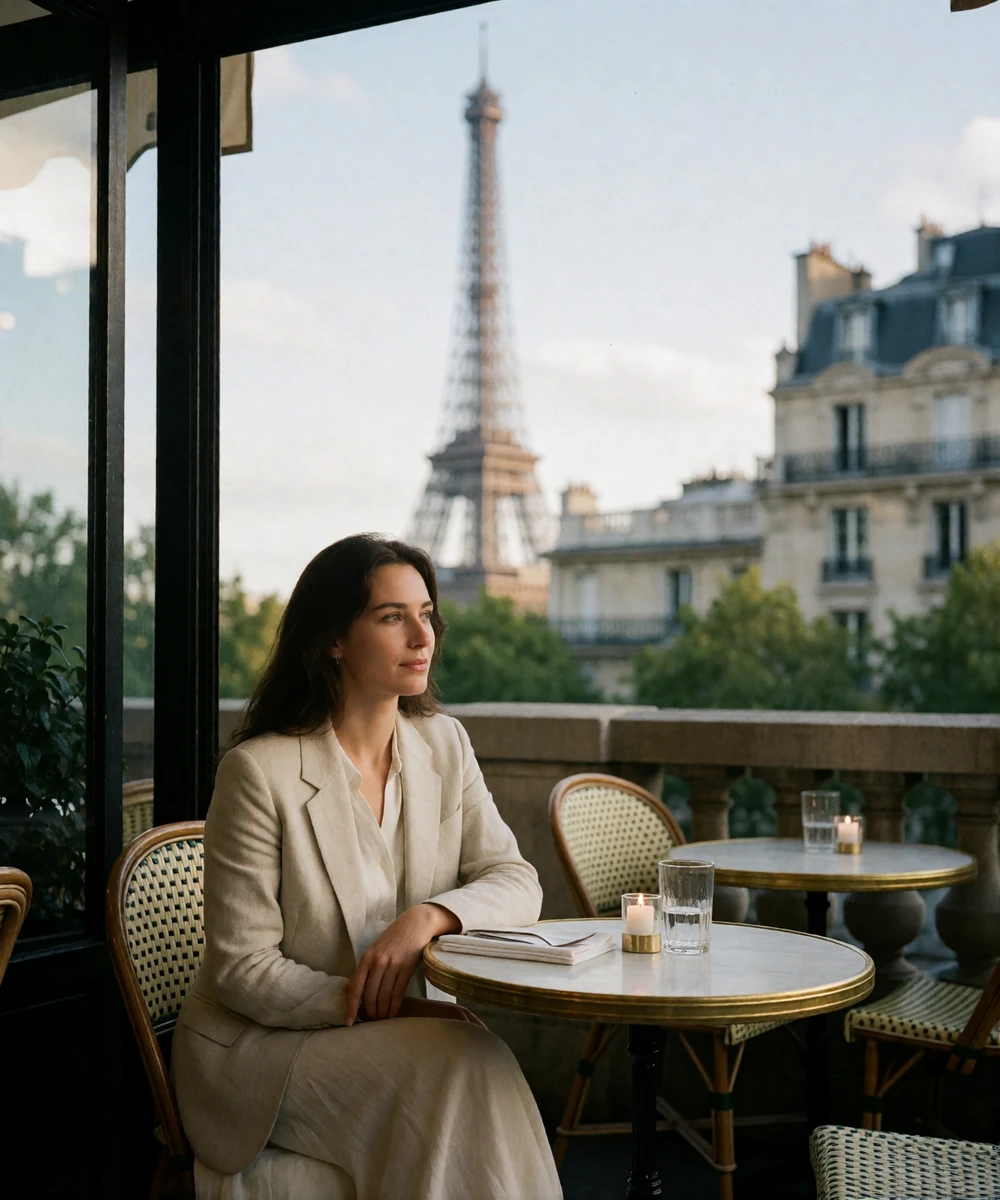 French woman seated at a quiet outdoor Parisian café table with the Eiffel Tower in the distance