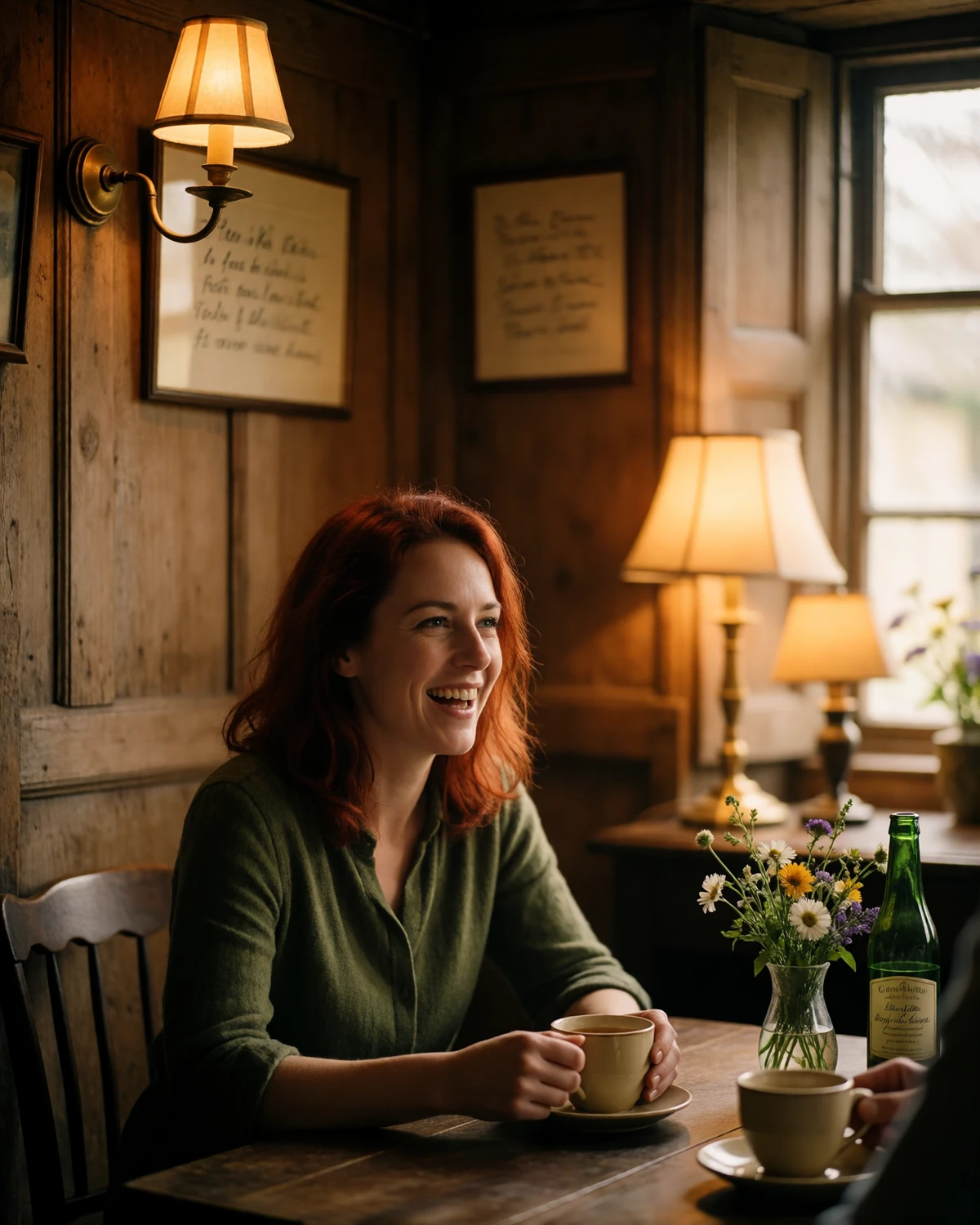Irish woman laughing over tea in a cozy wood-paneled pub snug during a relaxed first date