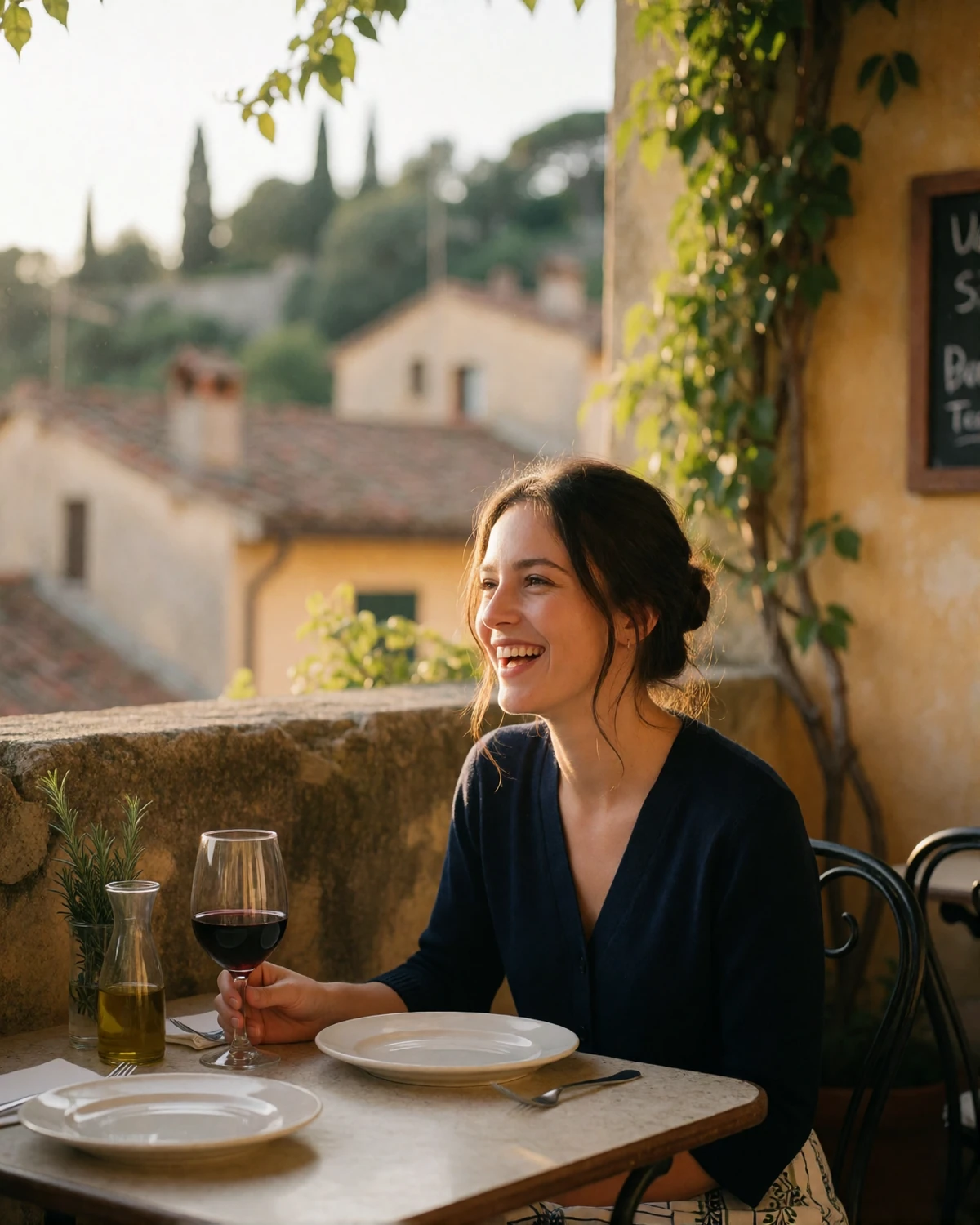 Italian woman laughing at a stone terrace trattoria table over a glass of red wine at golden hour
