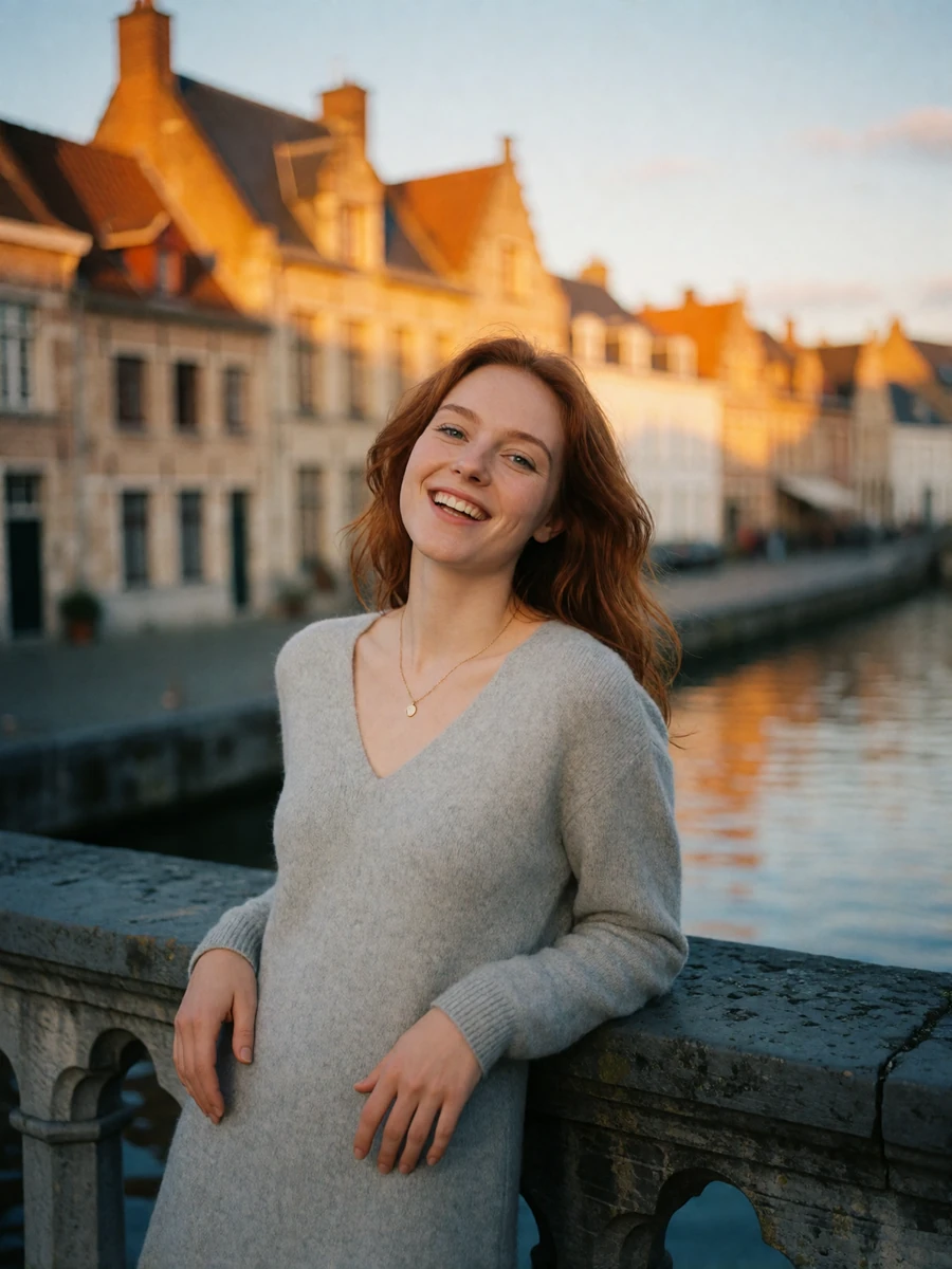 Red-haired Belgian woman laughing warmly beside a stone bridge over a Ghent canal at sunset