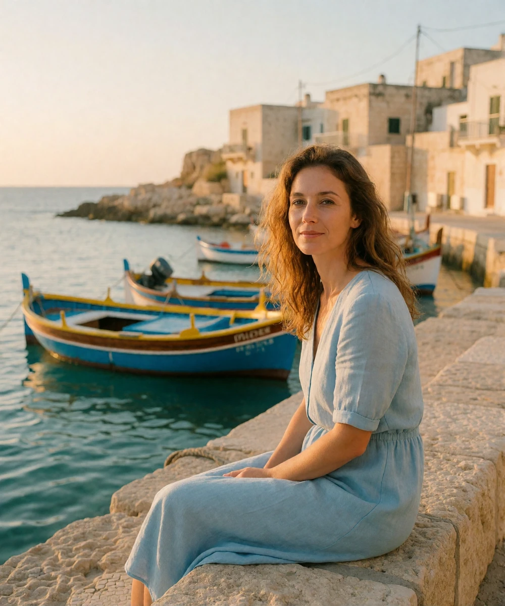 Maltese woman in a soft blue linen dress sitting on a limestone wall along a harbor promenade lined with painted fishing boats