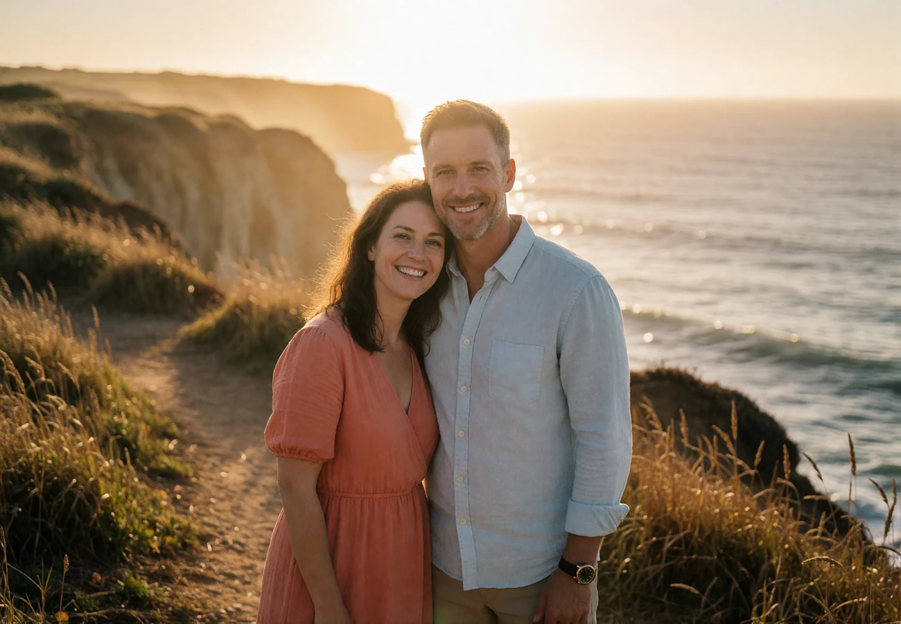 Couple smiling together on a cliffside path above the Atlantic Ocean at golden hour