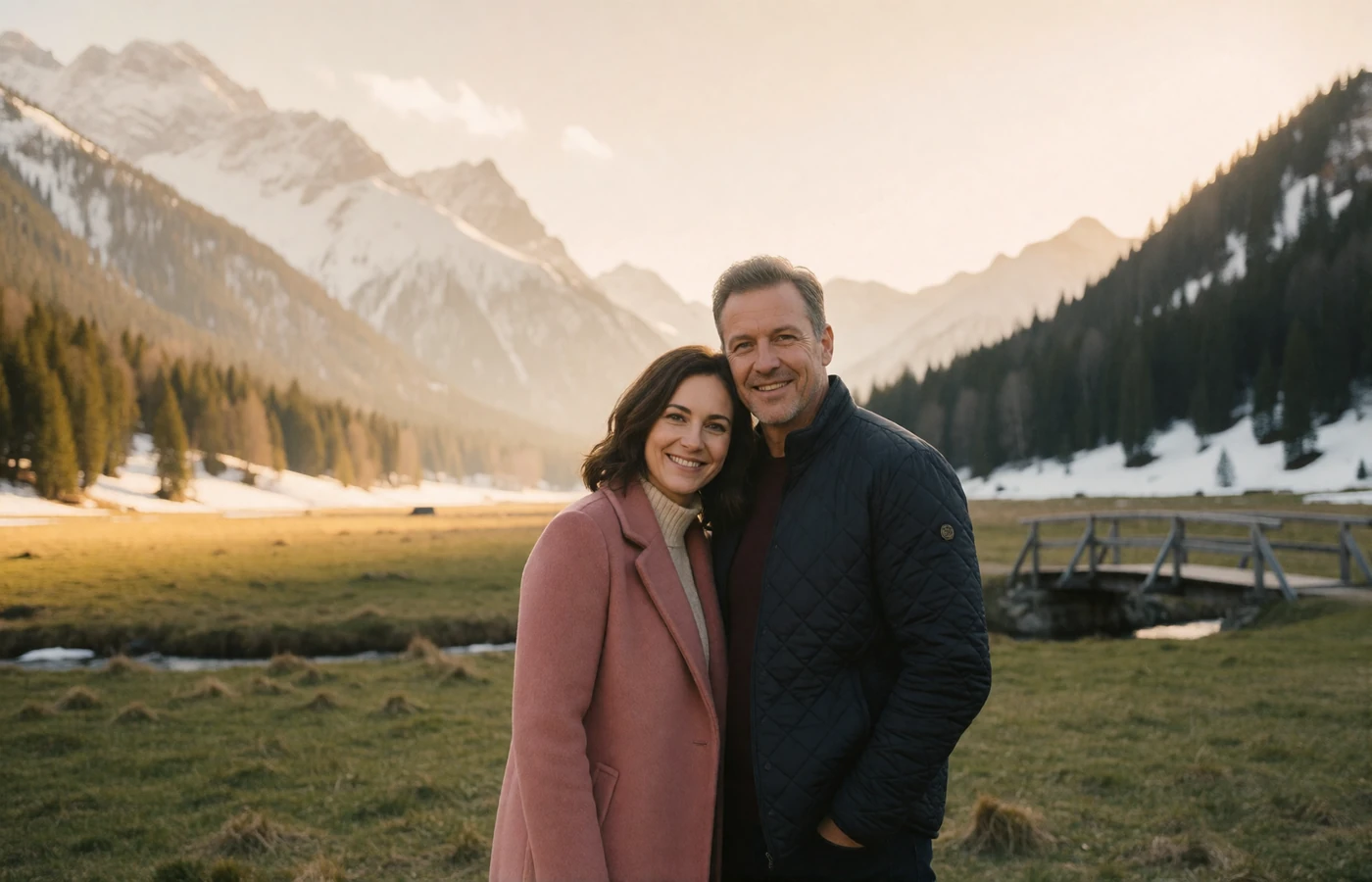 Couple in their forties embracing on an alpine footbridge with snow-lit peaks behind them at dusk