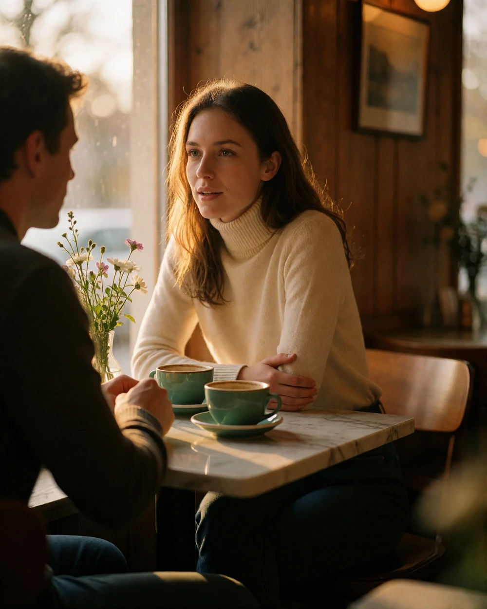Woman in a cream turtleneck leaning forward in conversation at a marble cafe table beside a window