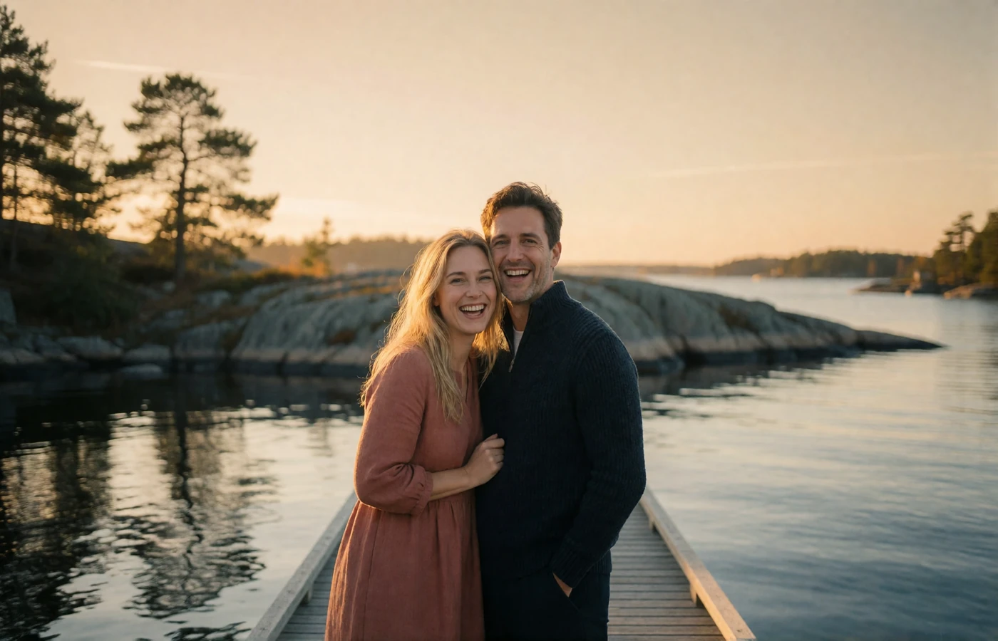 Couple in their late thirties laughing together on a wooden jetty in the Stockholm archipelago at sunset